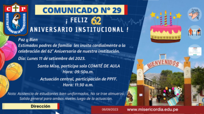 INVITACI&Oacute;N COMIT&Eacute; DE AULA Y PPFF - 62&deg; ANIVERSARIO - DISCURSO DE DIRECTORA